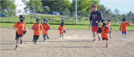  ?? JEREMY FRASER • CAPE BRETON POST ?? Members of the Sydney and District Little League mini program run the bases during on-field practice at Vince Muise Memorial Ball Field in Sydney River on Monday. Despite having to deal with stolen equipment and the COVID-19 pandemic, Sydney and District Little League began its 2021 season on time.