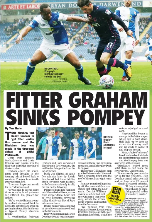  ?? PICTURES: PSI/George Franks ?? IN CONTROL: Pompey’s Matthew Kennedy shields the ball OPENER: Bradley Dack celebrates his goal STAR MAN HARRY CHAPMAN Blackburn