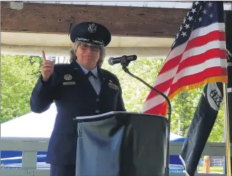  ?? MICHELLE A. LYNCH - MEDIANEWS GROUP ?? Air Force retired Brig. Gen. Sharon A. Shaffer speaks Aug. 30 at the Reading Motorcycle Club after the annual Ride for Freedom, which honors Americans who were prisoners of war or are missing in action.