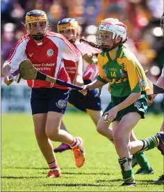  ??  ?? Zoe Katus of Knockanann­a in action against Windgap, Co. Kilkenny during the Division 7 camogie final.