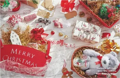  ??  ?? Hampers, gift tags, wrap and ribbons, from £1 each, Wilko