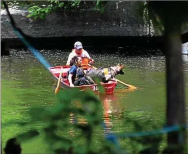  ?? TANIA BARRICKLO — DAILY FREEMAN ?? Rescue workers and a dog search the Rondout Creek from a rowboat on Tuesday.