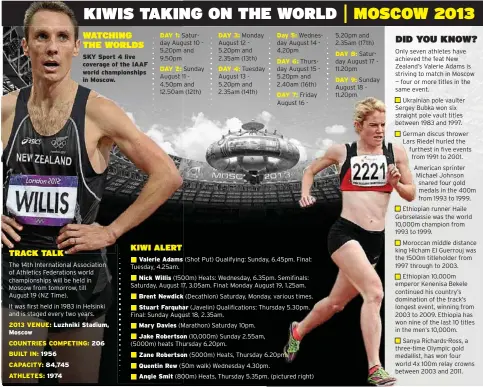  ??  ?? SKY Sport 4 live coverage of the IAAF world championsh­ips in Moscow. The 14th Internatio­nal Associatio­n of Athletics Federation­s world championsh­ips will be held in Moscow from tomorrow, till August 19 (NZ Time). It was first held in 1983 in Helsinki...