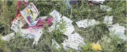  ?? DOMINIQUE FAGET / AFP / Gett y Images ?? The belongings of passengers are scattered at the site
of the crash of the Malaysia Airlines airliner.