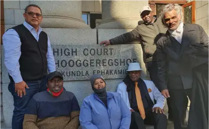  ??  ?? Opposition parties unite for a court applicatio­n at the Cape Town High Court. From left are Virgill Gericke (PBI), Mbulelo Mgwala (EFF), Nomawethu Jantjies-Gushman (ANC), Khumbulelo Mkhondo (AIC), Langa Langa (ANC) and adv. William Fisher.