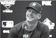  ?? ALEX BRANDON/AP PHOTO ?? Then-Houston manager AJ Hinch speaks during an Oct. 27, 2019 news conference before Game 5 of the World Series against the Nationals in Washington. Detroit hired Hinch to be their new manager Friday, giving him a chance to return to a major league dugout after he was fired by in the wake of the Astros’ sign-stealing scandal.