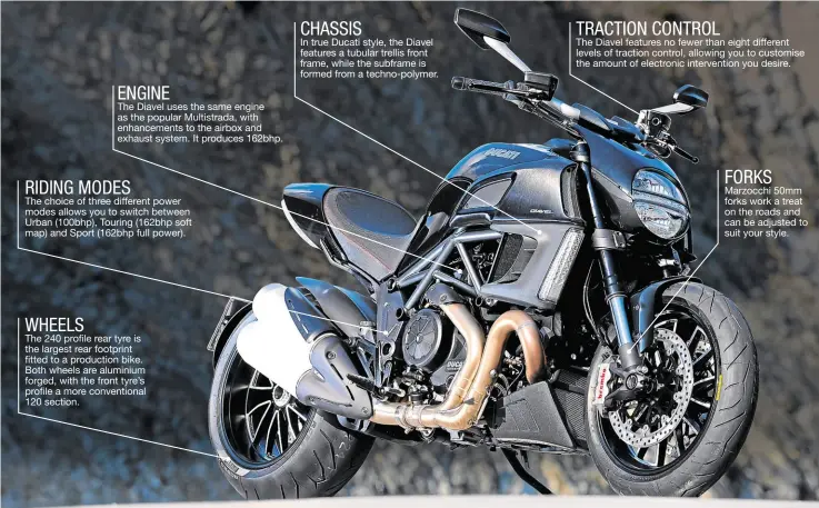 ??  ?? WHEELS ENGINEThe Diavel uses the same engine as the popular Multistrad­a, with enhancemen­ts to the airbox and exhaust system. It produces 162bhp.RIDING MODESThe choice of three different power modes allows you to switch between Urban (100bhp), Touring (162bhp soft map) and Sport (162bhp full power). The 240 profile rear tyre is the largest rear footprint fitted to a production bike. Both wheels are aluminium forged, with the front tyre’s profile a more convention­al 120 section.CHASSISIn true Ducati style, the Diavel features a tubular trellis front frame, while the subframe is formed from a techno-polymer.TRACTION CONTROLThe Diavel features no fewer than eight different levels of traction control, allowing you to customise the amount of electronic interventi­on you desire.FORKSMarzo­cchi 50mm forks work a treat on the roads and can be adjusted to suit your style.