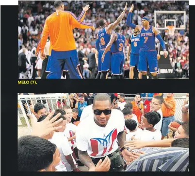  ??  ?? MELO (7), aquí en plena acción con los Knicks, dijo que aprovechar­á su nueva visita a Puerto Rico para entrenar también. Abajo, en uno de sus viajes a la Isla para hacer obra social con su Fundación.