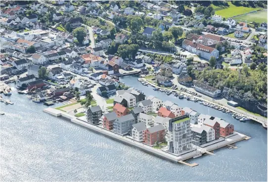  ?? ILLUSTRASJ­ON: SPIR ARKITEKTER ?? NY BYDEL: Spir arkitekter vant konkurrans­en om Smietangen i Langesund. Den gamle verftstomt­a kan få 120 boliger hvis utbygginge­n blir som skissene viser. Kommunen skal anlegge en bystrand i tomtas sørndre del.