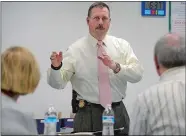  ?? DANA JENSEN/THE DAY ?? Acting New London Police Chief Peter Reichard speaks in the Criminal Law class during the People’s Law School at the Bennie Dover Jackson Middle School in New London on Wednesday.