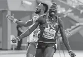  ?? NARIMAN EL-MOFTY/ASSOCIATED PRESS FILE ?? Grant Holloway, a Grassfield High graduate, won the gold medal in the men’s 110-meter hurdles final at the World Athletics Championsh­ips in Qatar on Oct. 2, 2019.