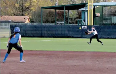  ?? Staff photo by Josh Richert ?? ■ Pleasant Grove left fielder Kaylee Kelley tracks down a line drive for a running catch against North Lamar during the District 14-4A opener Friday at Lady Hawk Field. North Lamar baserunner Reagan Richardson waits for the catch near second base.