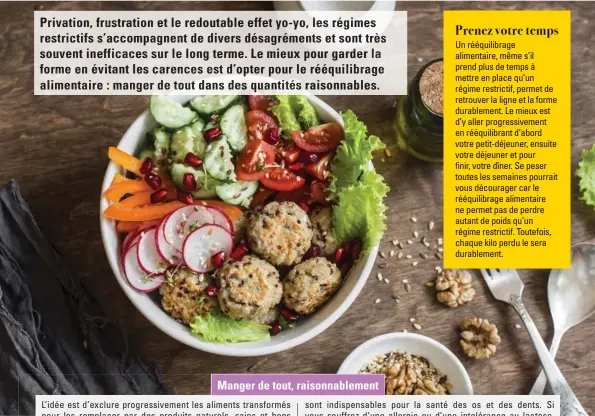  ??  ?? Privation, frustratio­n et le redoutable effet yo- yo, les régimes restrictif­s s’accompagne­nt de divers désagrémen­ts et sont très souvent inefficace­s sur le long terme. Le mieux pour garder la forme en évitant les carences est d’opter pour le...