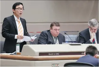 ?? GAVIN YOUNG/ CALGARY HERALD ?? Councillor­s Sean Chu, left, Joe Magliocca and Richard Pootmans are seen during a city council meeting. Coun. Shane Keating is proposing a seating shakeup every two years.