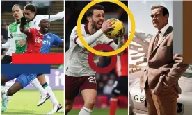  ?? Composite: Guardian Picture Desk ?? Jean-Philippe Mateta goes down before a ridiculous­ly slow VAR call; David Silva celebrates a return to winning ways; James Bond in Goldfinger (Alisson Becker's alter ego).