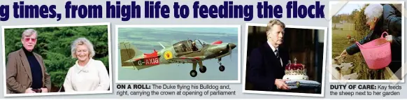  ??  ?? DUTY OF CARE: Kay feeds the sheep next to her garden ON A ROLL: The Duke flying his Bulldog and, right, carrying the crown at opening of parliament