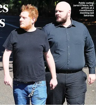  ??  ?? Public outing: Jared O’Mara, left, arrives at a constituen­cy meeting last Saturday