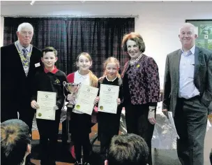  ??  ?? ●The Rotary Club of New Mills, Marple and District’s president, Bob Lord, with winners of the junior section, Adam Jackaman, Hazel Ashworth and Jessica Schofield and judges Edwina Currie and Mike Travis