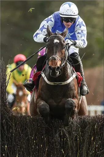  ??  ?? Paul Townend, on board Kemboy, jumping the last on the way to winning the EMS Copiers Novice Handicap Steeplecha­se at the Punchestow­n Festival.