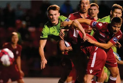  ??  ?? Drogheda United’s Ciaran Kelly looks on as his header goes wide in the promotion play-off against Shelbourne last night