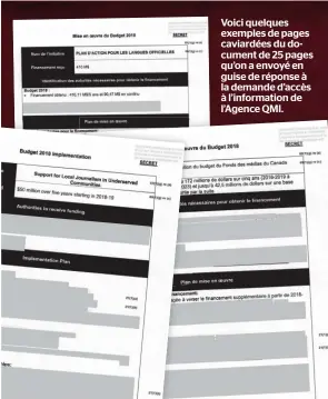  ??  ?? Voici quelques exemples de pages caviardées du document de 25 pages qu’on a envoyé en guise de réponse à la demande d’accès à l’informatio­n de l’Agence QMI.