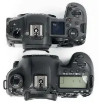  ?? ?? Viewed from above, you can see that the two cameras have a similar-sized deep handgrip which promotes good handling, but the EOS R5 has a much thinner body and its back focus distance is 20mm compared with 44mm in the EOS EF mount