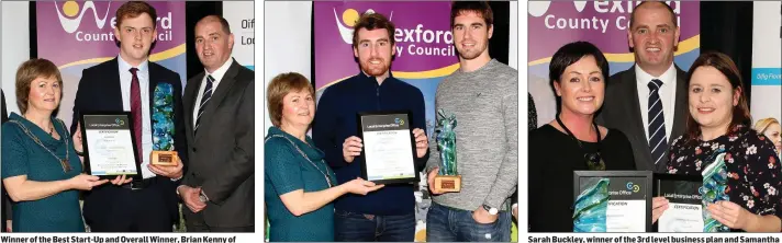  ??  ?? Winner of the Best Start-Up and Overall Winner, Brian Kenny of Myshowadvi­sor, pictured with Cllr Barbara-Anne Murphy and Paul Kehoe TD. Cllr Barbara-Anne Murphy with the runners up in the Best Start-Up sectiotn, Robert Tierney and Michael O’Regan of...