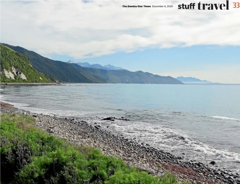  ?? PHOTOS: JONATHAN GUILDFORD/STUFF ?? The coastline near Kaiko¯ura allows for views of the snowcapped Kaiko¯ura Ranges, dark, stony beaches, and the turquoise Pacific Ocean.