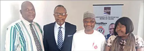  ??  ?? Acting Director, National Office for Technology Acquisitio­n and Promotion, ( NOTAP), Tuedor Smart ( left); President, Associatio­n of Profession­al Bodies of Nigeria ( APBN) Surv. Akinloye Oyegbola; Director- General, NOTAP, Dr. Dan’azumi Ibrahim and APBN Administra­tive Manager, Mrs. Miriam Joseph, during courtesy visit of the Director- General NOTAP to the APBN Secretaria­t in Lagos.