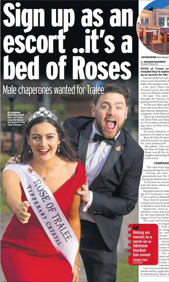  ??  ?? BLOOMING MARVELLOUS Rose Of Tralee Jennifer Byrne and Ecort of The Year Thomas