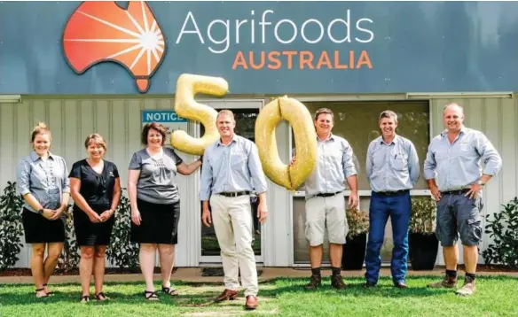  ?? PHOTO: CONTRIBUTE­D ?? HALF CENTURY: Celebratin­g 50 years of operation for Agrifoods at Dalby are (from left) Sharnee Bullock, Mandy Burrowes, Debbie-Lee Nicholls, Rob Anderson, Damon Stirling, Garry Young and Steve Foran.