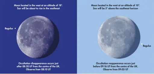  ??  ?? Regulus Moon located in the west at an altitude of 18°. Sun will be about to rise in the southeast Occultatio­n disappeara­nce occurs just after 08:20 UT from the centre of the UK. Observe from 08:10 UT Moon located in the west at an altitude of 10°. Sun...