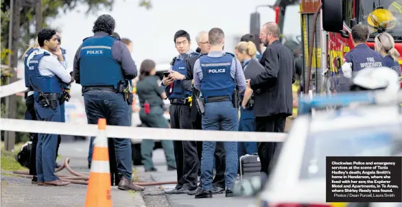  ?? Photos / Dean Purcell, Laura Smith ?? Clockwise: Police and emergency services at the scene of Tania Hadley's death; Angela Smith's home in Henderson, where she lived with her son; the Explorer Motel and Apartments, in Te Anau, where Shirley Reedy was found.