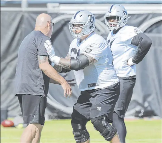  ?? Heidi Fang Las Vegas Review-Journal @HeidiFang ?? Raiders offensive line coach Tom Cable works with guard Richie Incognito, center, and center Rodney Hudson during the NFL team’s training camp on Saturday in Napa, Calif. Incognito says he struggles daily with his mental health.