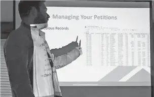  ?? CONSTELLAT­ION POLITICAL CONSULTING VIA AP ?? A Republican consultant conducts a training session on how to organize and execute recall campaigns against elected Democratic lawmakers for a group of GOP activists in Buena Vista, Colo., in April.