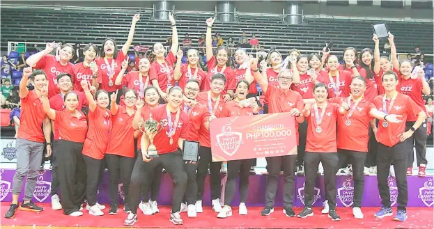  ?? PHOTOGRAPH BY JOEY SANCHEZ MENDOZA FOR THE DAILY TRIBUNE @tribunephl_joey ?? PETRO Gazz celebrates its successful conquest of the Philippine National Volleyball Federation Champions League after a convincing win over Cignal, 25-19, 27-25, 25-22, in the final.