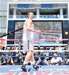  ?? — AFP photo ?? Gennady Golovkin jumps rope during a media workout at L.A. Live's Microsoft Square on August 28, 2017 in Los Angeles, California.