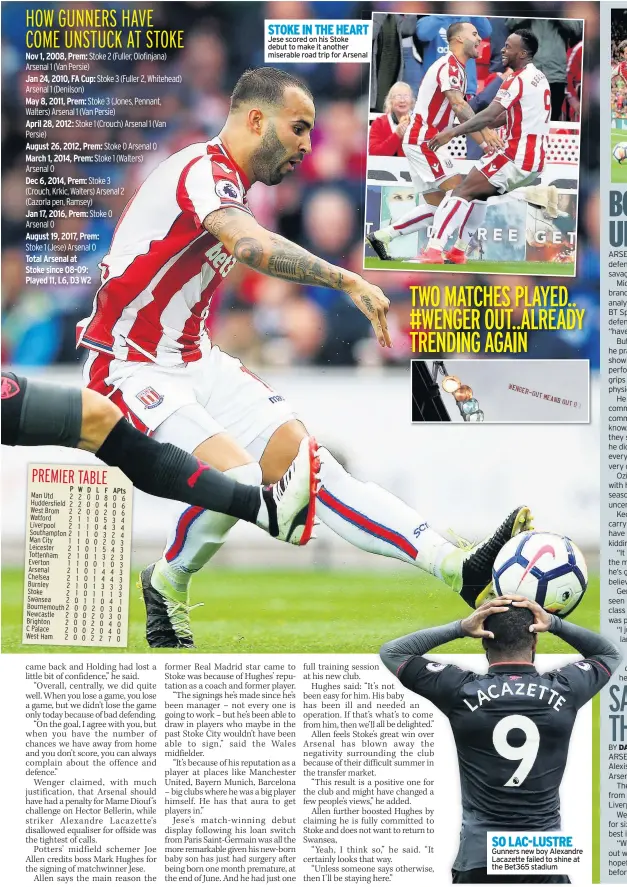  ??  ?? STOKE IN THE HEART Jese scored on his Stoke debut to make it another miserable road trip for Arsenal SO LAC-LUSTRE Gunners new boy Alexandre Lacazette failed to shine at the Bet365 stadium