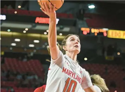  ?? KENNETH K. LAM/BALTIMORE SUN ?? Maryland’s Abby Meyers scores on a fast break during the first quarter of Sunday’s 80-56 win over Rutgers at Xfinity Center in College Park.