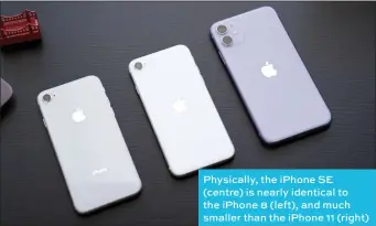  ??  ?? Physically, the iphone SE (centre) is nearly identical to the iphone 8 (left), and much smaller than the iphone 11 (right)