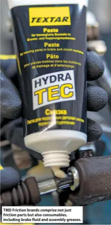  ?? ?? TMD Friction brands comprise not just friction parts but also consumable­s, including brake fluid and assembly greases.