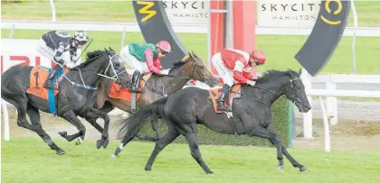  ?? Photo / Trish Dunell ?? Mongolian Marshal defeats Igraine and Five To Midnight in the Waikato Cup.