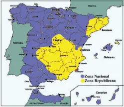  ??  ?? A la derecha, situación de España en julio de 1938 (composició­n por Marcelino González). Abajo, crucero Canarias, uno de los bloqueador­es de Menorca.Más abajo, submarinoD-1 (acuarelas por Marcelino González).