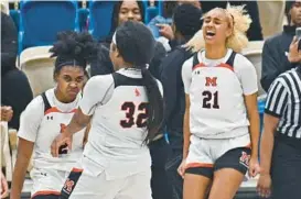  ?? BALTIMORE SUN KENNETH K. LAM/ ?? From left, McDonogh’s Autumn Fleary reacts alongside teammates Makaela Quimby and Paris Locke after making a game-tying layup with 6.8 seconds left in Monday’s IAAM A Conference championsh­ip game against St. Frances at Harford Community College’s APGFCU Arena. Fleary made the ensuing free throw to lift the Eagles to a 50-47 victory.