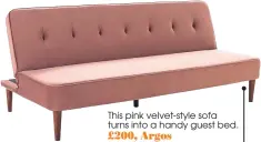  ??  ?? This pink velvet-style sofa turns into a handy guest bed. £200, Argos