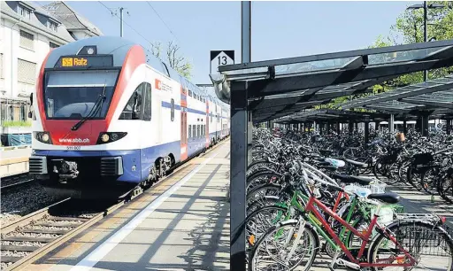  ??  ?? Trains and bikes in Zurich, Switzerlan­d