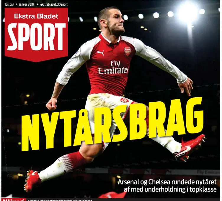  ??  ?? Målmagi Arsenals Jack Wilshere kanonerede kuglen i kassen til 1-0 for Arsenal, og fejrede det på behørig vis.