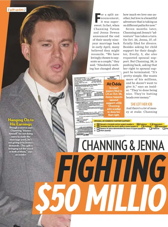  ??  ?? Though a source says Channing “blames himself” for not doing more to make the marriage work, he’s not giving in to Jenna’s demands. “The split is bringing out the worst in both of them,” says an insider. In court papers filed in LA on Oct. 26, Jenna requests spousal support while Channing asks a judge to deny her that right.