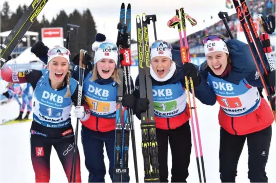  ?? FOTO: NTB SCANPIX ?? Det norske laget bestående av Tiril Eckhoff (fra venstre), Marte Olsbu Røiseland, Ingrid Landmark Tandrevold og Karoline Knotten. Her fra seieren i Oberhof forrige helg.