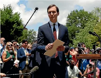  ?? PHOTO: REUTERS ?? Senior Adviser to the President Jared Kushner walks from the lectern after speaking outside the West Wing of the White House.